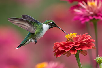 A Ruby-throated Hummingbird hovering to feed from a red zinnia flower. Beautiful wildlife photography capturing a delicate moment in a vibrant summer garden.
Generative Ai.