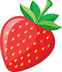 Vibrant red strawberry with green leaves and yellow seeds