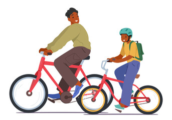 Fototapeta premium Father and son riding rental bicycles enjoying active leisure activity and travel together