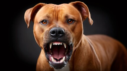 Angry brown pitbull dog showing teeth on black background