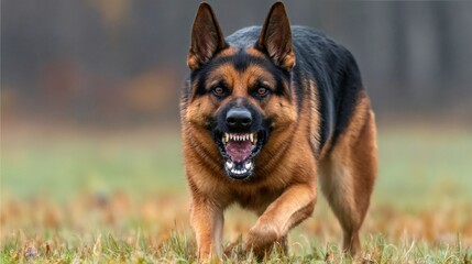 Aggressive german shepherd dog running and baring teeth in field
