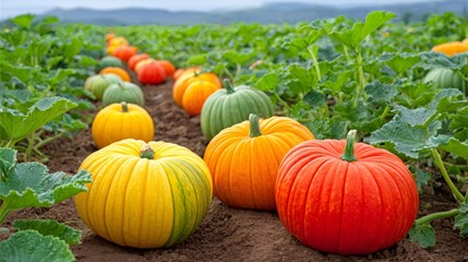 Colorful pumpkins growing in a field ready for harvest