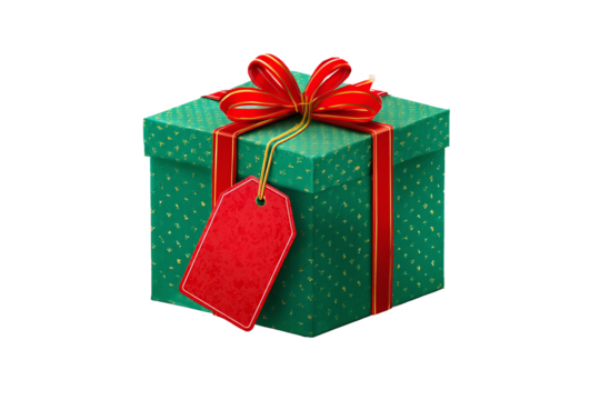 Festive Green Gift Box with Red Bow and Tag, isolated on white transparent background