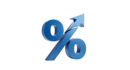 Blue glass percent sign with arrow UP isolated on white. % , percentage, growth concept