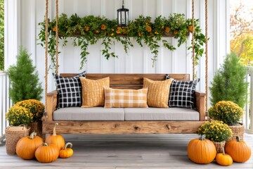 Porch swing decorated for fall with pumpkins and mums