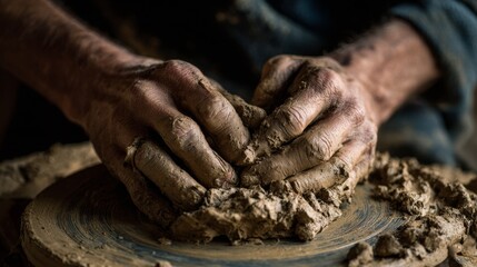 Hands kneading natural clay for pottery making