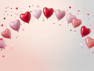A delicate arch of red, pink, and white heart-shaped balloons with scattered tiny hearts and sparkles on a soft pastel gradient, leaving central blank space for text or romantic designs.