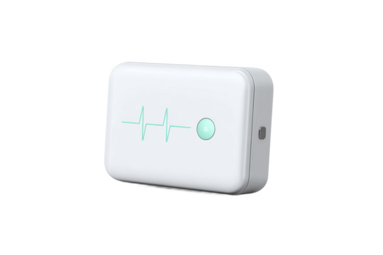 Portable heart rate monitor with ECG display and green light, isolated on white transparent background