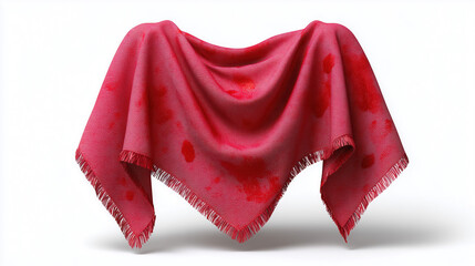 Red fringed shawl with visible stains on white background