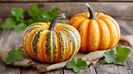 Two sweet pumpkins with green leaves resting on rustic wooden surface