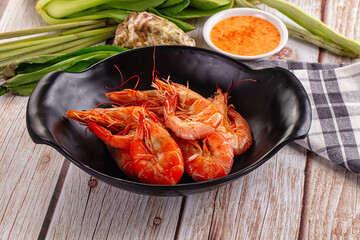 Delicous boiled tiger prawn with sauce
