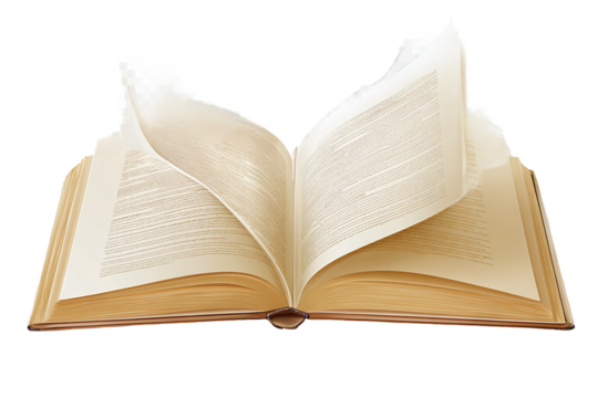 Magical open book with flying pages, isolated on white transparent background