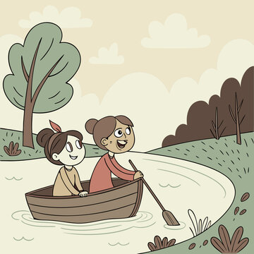 Two girls riding a boat