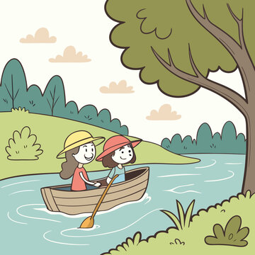 fisherman on the river,girl and boy 
