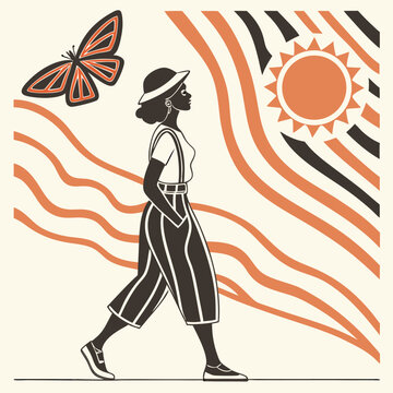 fashion girl silhouette vector illustrationAbstract minimal element mid century vector set. Aesthetic contemporary stripe line art, vintage geometric shape,halftone in monochrome 