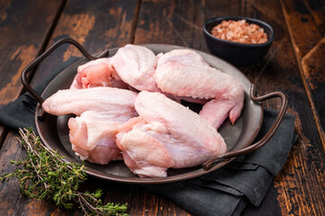 Pristine raw poultry wings, waiting to be seasoned and transformed into mouthwatering dishes for any occasion. wooden background. top view