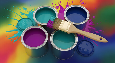 Open Cans With Color Paint and Brush - 3d illustration
