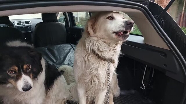 Owner attaching leash to Carpathian Shepherd dog in car trunk ensuring safety during travel domestic canine pet secure companion obedience transportation interaction