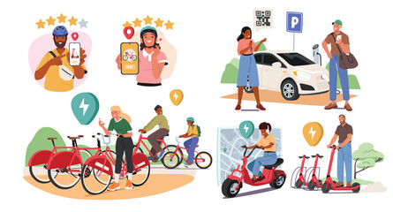 People using mobile app with car sharing opportunity and rental transport service cartoon scene