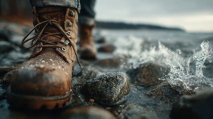 Person stands on rocky shoreline as water splashes around sturdy hiking boots during cloudy day