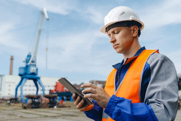 Concept inspector work in container terminal or cargo logistic center. Young man industrial engineer in white hard hat and blue uniform use tablet computer.