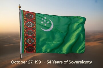 Celebrate Turkmenistan's 34 Years of Sovereignty with this striking flag waving proudly over the vast desert landscape at sunset, an emblem of national pride and cultural heritage