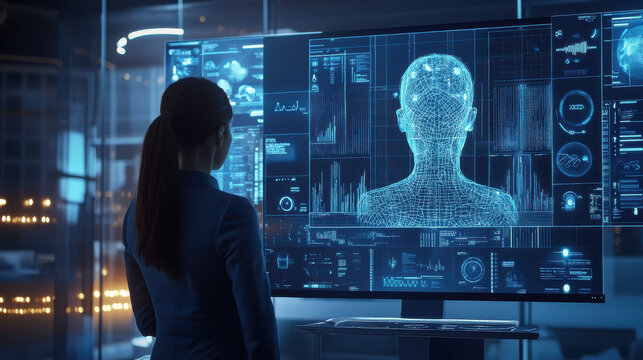 Innovative HR office with AI-based recruitment screening, automated employee engagement surveys, and virtual training programs &mdash;ar 16:9 