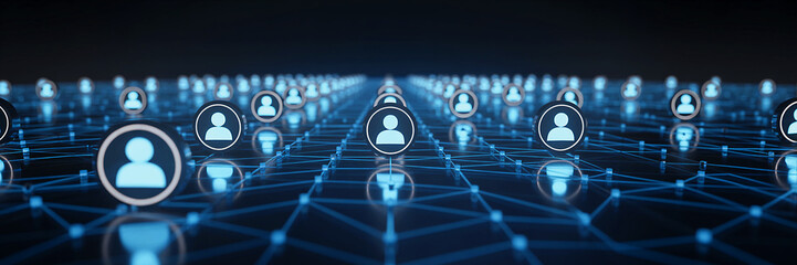 Digital network with connected icons symbolizing online community and data flow