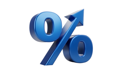 Blue glass percent sign with arrow UP isolated on white. % , percentage, growth concept