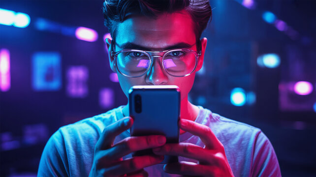 Young man in glasses using smartphone in neon futuristic tech lighting