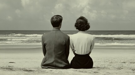 Fototapeta premium young couple on the beach looking at the ocean, retro style photo, sentimental and nostalgic