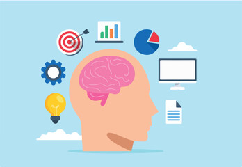 Flat illustration of human brain and business management elements expertise intelligence development new skills for success brainstorming knowledge