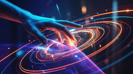 Futuristic hand interacting with glowing virtual energy rings and light effects