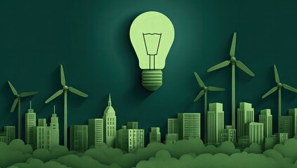 Eco-friendly city skyline with a glowing lightbulb and wind turbines