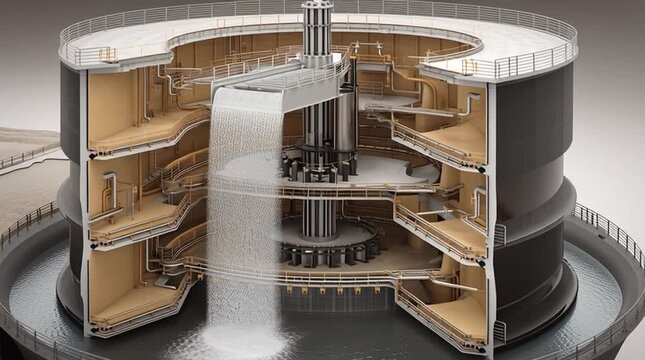 Clean 3D cutaway animation of a hyperbolic cooling tower revealing the internal water distribution system, with hot water spraying over fill material to illustrate efficient industrial cooling process