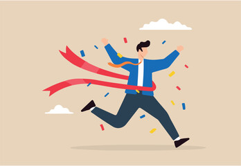 Flat illustration businessman crosses finish line with confetti celebrating victory and business success