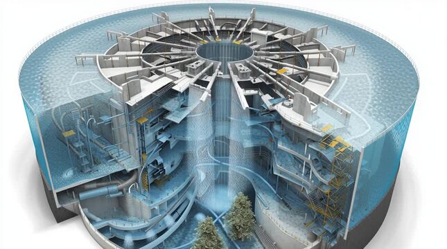 Clean 3D cutaway animation of a hyperbolic cooling tower revealing the internal water distribution system, with hot water spraying over fill material to illustrate efficient industrial cooling process