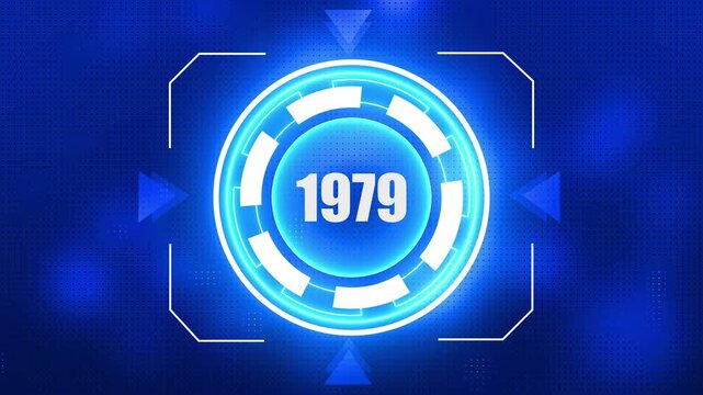 Digital Interface with Year 1979 in a Blue Glowing Circle Against a Blue Backdrop futuristic
