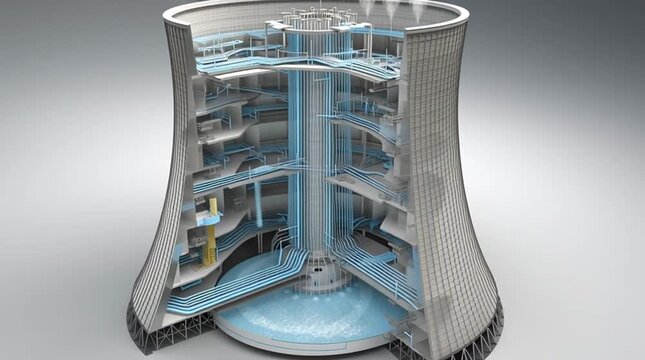 Clean 3D cutaway animation of a hyperbolic cooling tower revealing the internal water distribution system, with hot water spraying over fill material to illustrate efficient industrial cooling process
