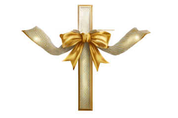 Elegant Golden Cross with Bow & Ribbons, isolated on white transparent background