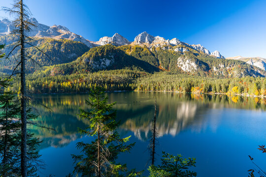 Italy, Trentino, Lago di Tovel -  24 October 2021 - A glimpse of Lake Tovel with the wonderful Trentino mountains