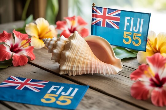 Celebrate Fiji's 55th Independence Day with a stunning seashell and vibrant hibiscus flowers, perfect for travel blogs, tropical getaways, and island celebrations