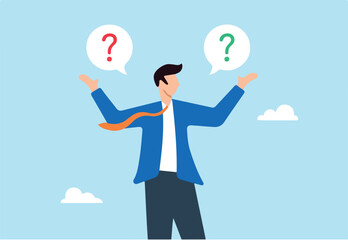 Flat illustration of businessman listens to second opinion making decision based on advice and reasoning