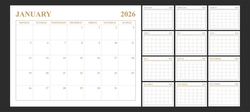 2026 Printable Calendar Landscape, Monday Start