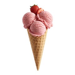 Strawberry ice cream cone with fresh berries waffle cone
