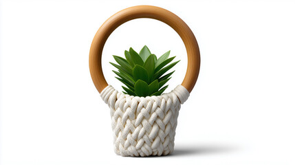 Wooden ring macrame planter with green plant on white background
