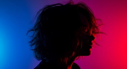 Person silhouette profile portrait with vibrant neon blue pink purple gradient lighting cyberpunk futuristic studio photography background