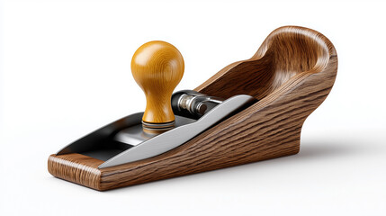 Wooden hand plane with metal blade on white
