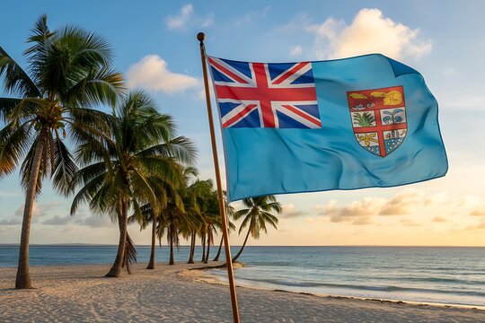 Experience the Pristine Beauty of Fiji with its National Flag Waving Proudly on a Tropical Beach at Sunset, Perfect for Travel Guides and Destination Marketing Campaigns