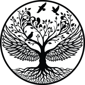 Mythical winged tree of life with birds in circular design symbolizing growth and freedom
